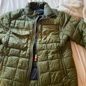 Save the Duck puffer jacket shirt green pockets zip and snap zip front